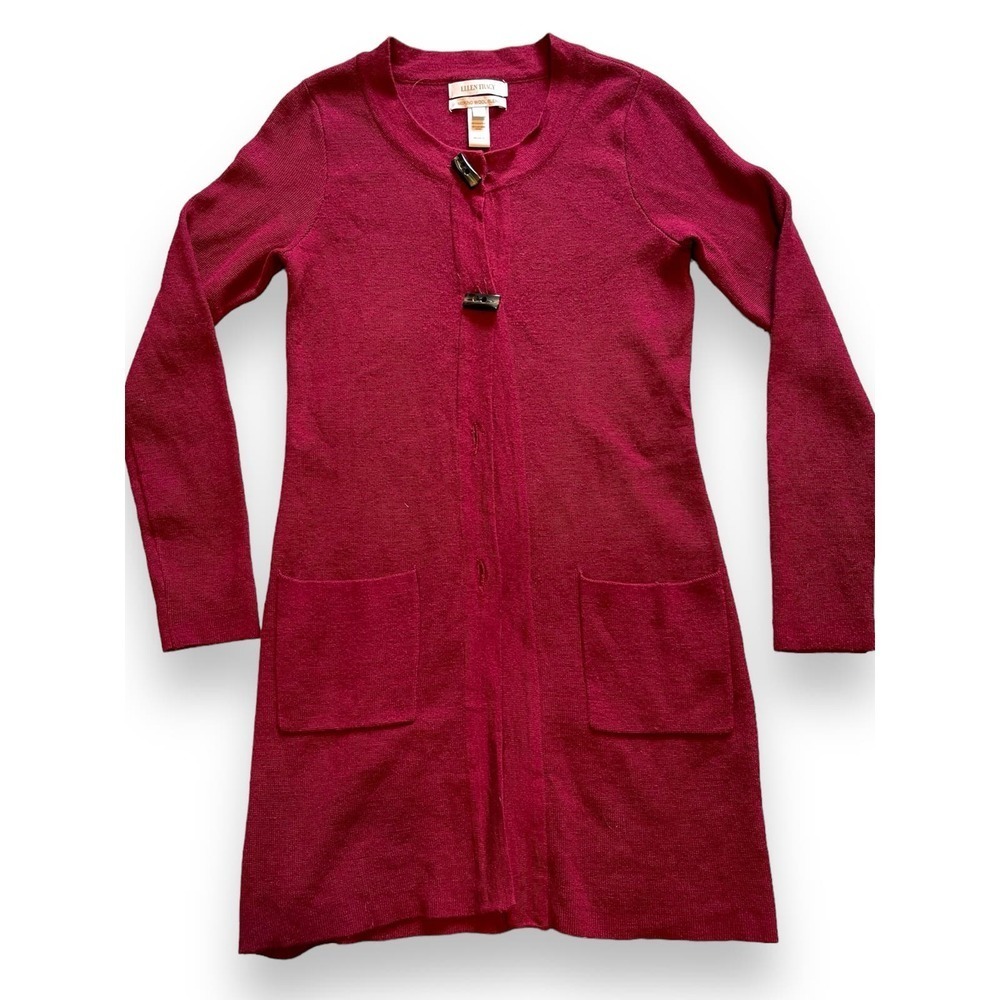 Ellen Tracy Merino Wool Blend Marble Buttons Long Cardigan Women's Burgundy M